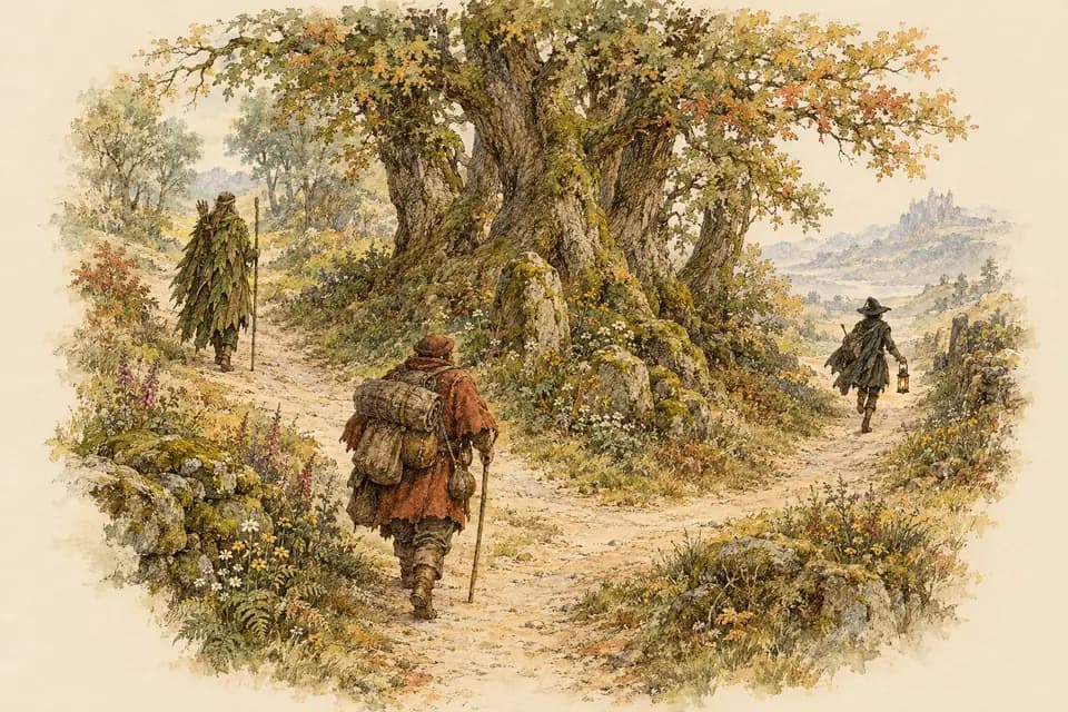 Ink and watercolor illustration: at a crossroads beneath ancient trees, several small travelers approach from different paths