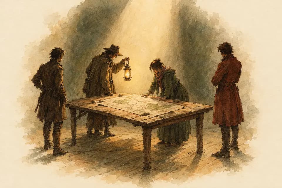 Ink and watercolor illustration: on a quiet stage, four small silhouettes gather around a weathered wooden table