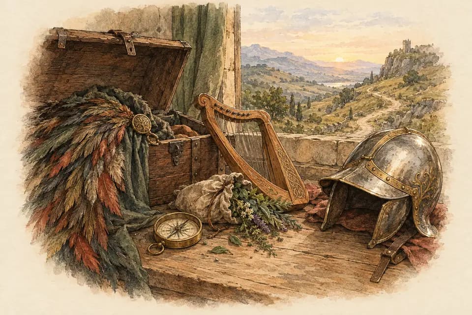 Ink and watercolor illustration: an open chest spills a jumble of distinct adventuring tools across a wooden table