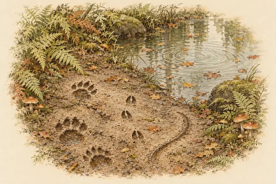 Ink and watercolor illustration: a quiet clearing holds a curious gathering of tracks in damp earth