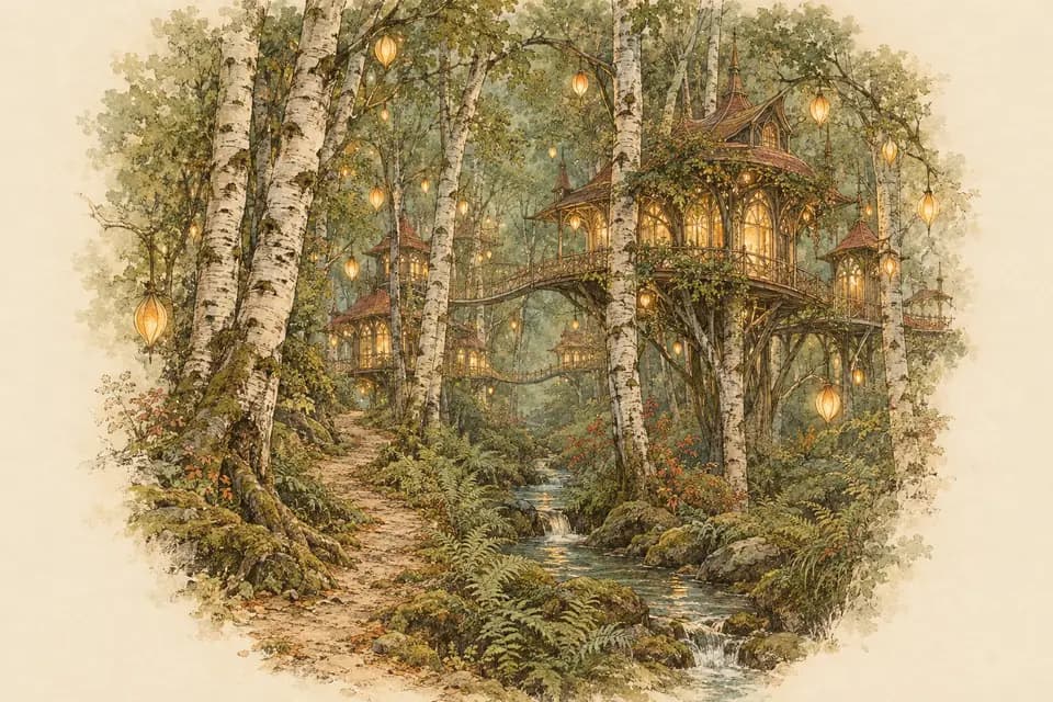 Ink and watercolor illustration: a woodland path winds between silver-barked trees toward a graceful settlement woven among their high branches