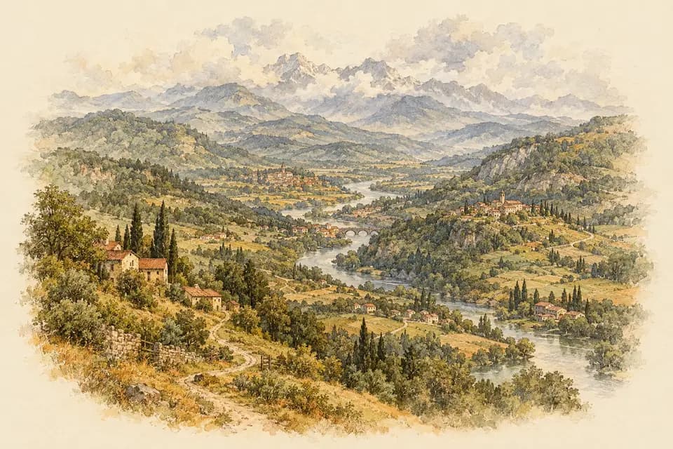 Ink and watercolor illustration: a parchment-like sweep of watercolor hills, forests, rivers, and scattered rooftops fills the view, with a winding path linking distant settlements