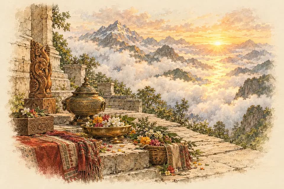 Ink and watercolor illustration: a broad stone terrace overlooks cloud-wrapped peaks, scattered with distinct offerings of carved wood, polished bronze, woven cloth, and fragrant blossoms