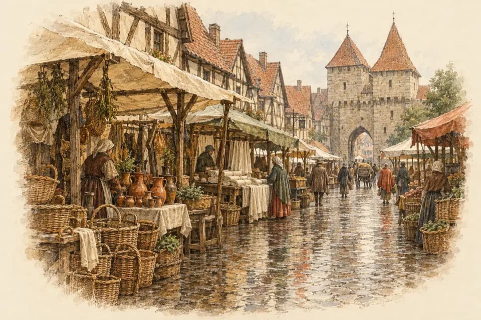 Ink and watercolor illustration: a medieval market square fills with timber-framed stalls, wicker baskets, clay pitchers, and bolts of undyed cloth