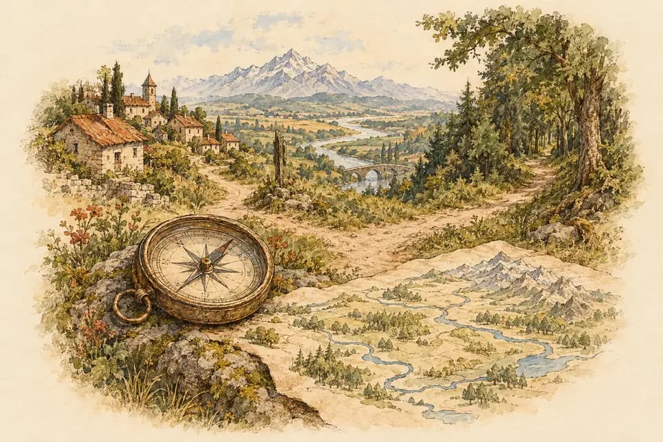 Ink and watercolor illustration: at a crossroads in a storybook landscape, a weathered compass rests on a stone beside miniature houses, a forest path, and a paperless map of winding rivers…