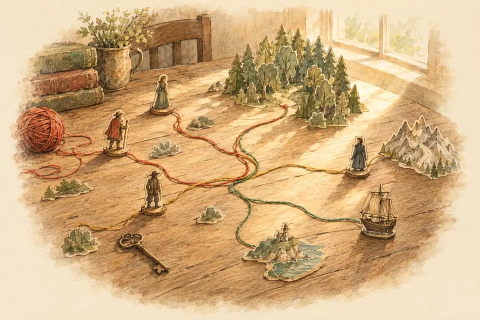 Ink and watercolor illustration: on a broad wooden table, colored thread winds between scattered character tokens, a tiny ship, a key, and a paper-cut forest, branching into several…