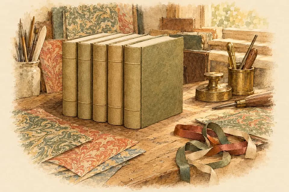 Ink and watercolor illustration: a row of freshly bound books with unmarked covers rests on a bookbinder’s workbench